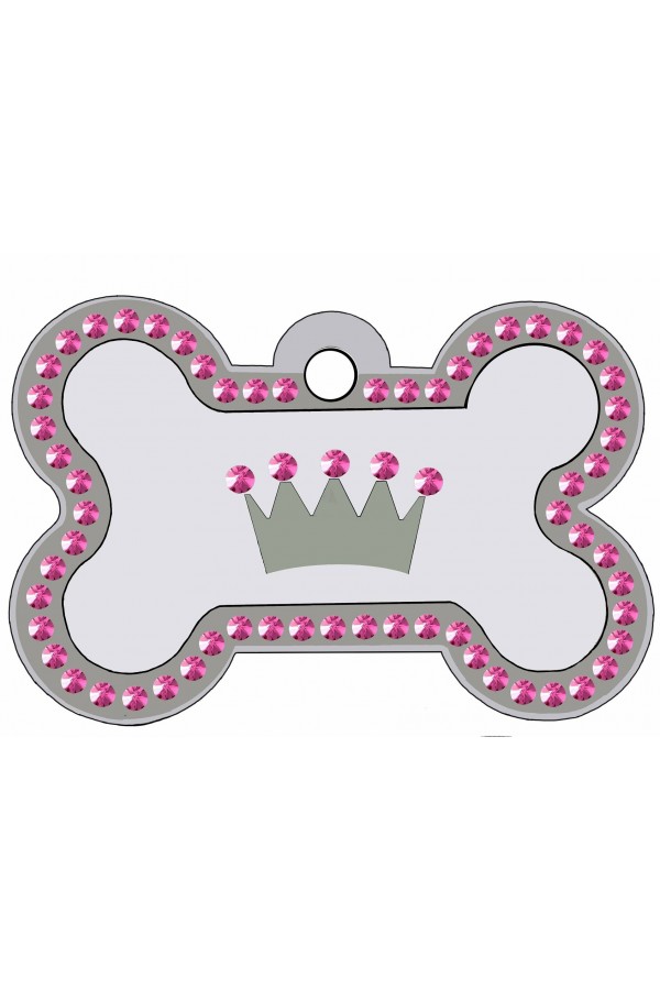 CNATTAGS - STAINLESS STEEL DESIGNERS BONE CRYSTAL PAVE PINK CROWN PERSONALIZED ENGRAVED PET ID TAG